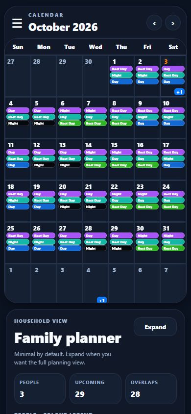 Shift Vault family calendar in the current beta design