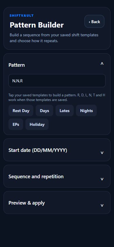 Shift Vault pattern builder in the current beta design